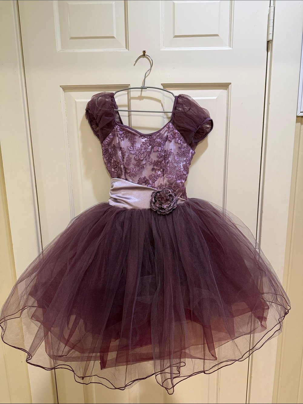Girls Plum Tulle Party Dress with Floral Sash